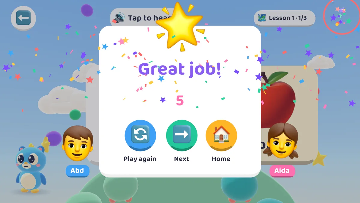 A celebration screen with a star and the friends Abd and Aida