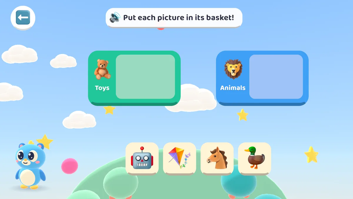 Sorting pictures into toys and animals baskets