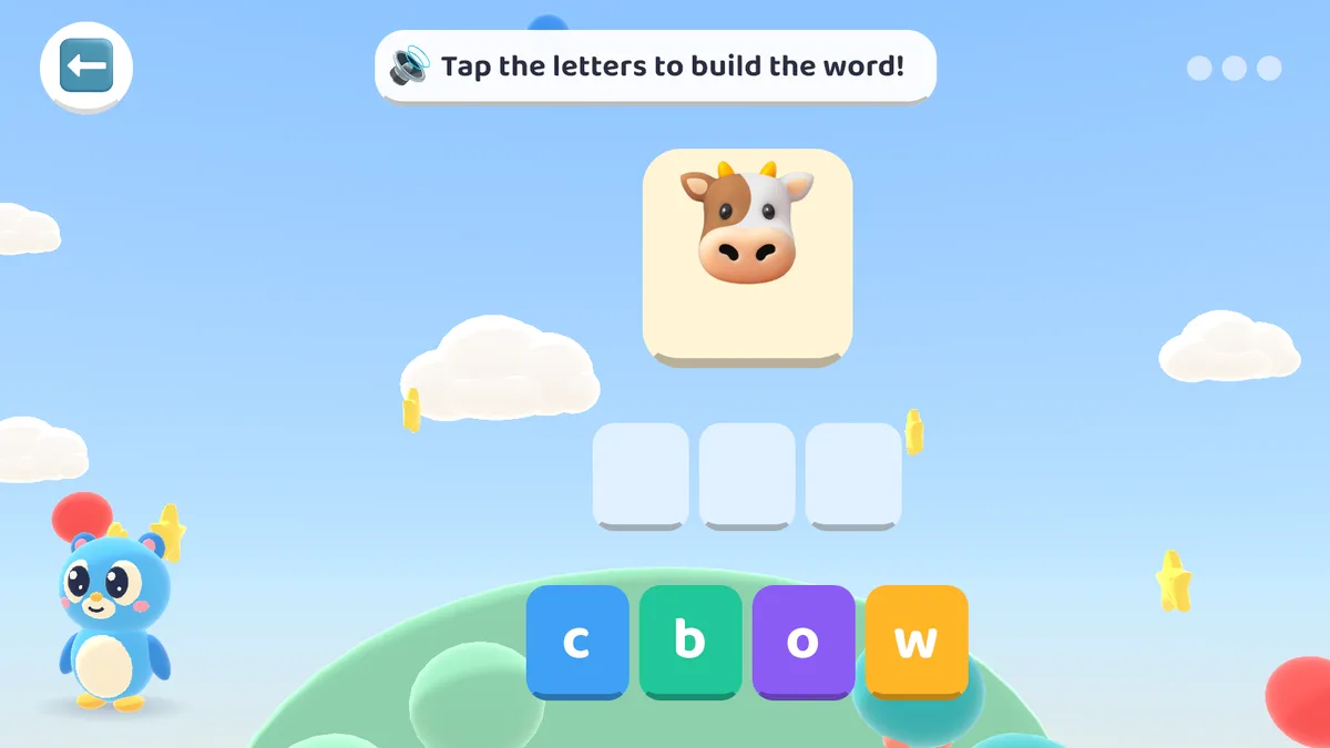 Spelling the word cow with letter tiles